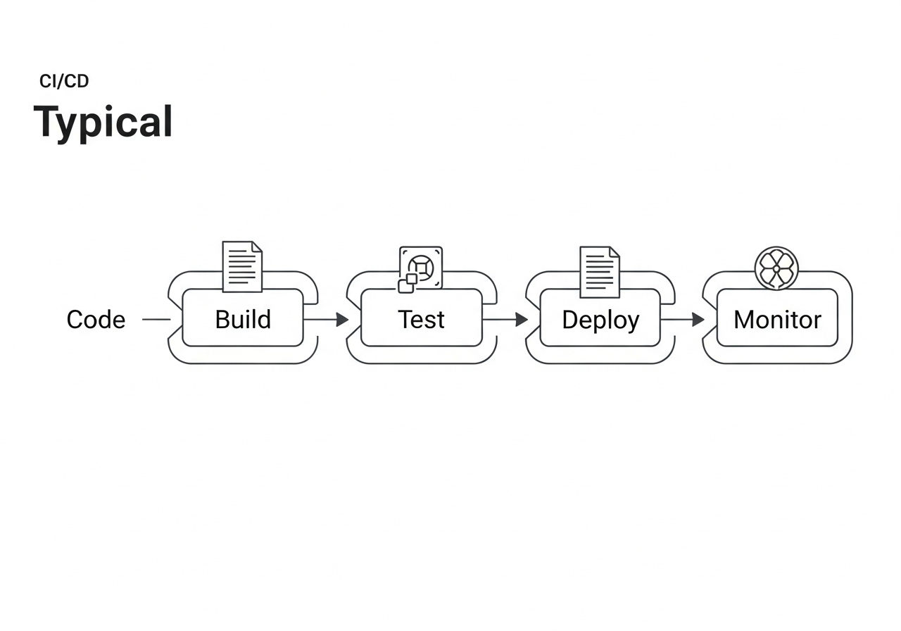 CI/CD Pipeline Diagram showing Code, Build, Test, Deploy, and Monitor stages